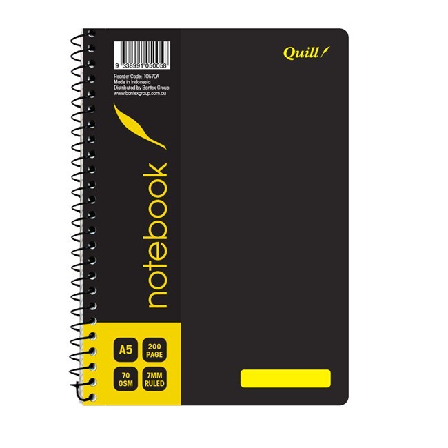 Quill Notebook: A5 70gsm - Black 200 Pages (Pack of 5)