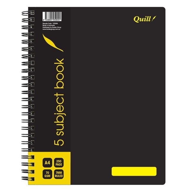 Quill Notebook - A4 70gsm Polypropylene (PP) Cover 5-Subject: Black 250pg (Pack of 5)