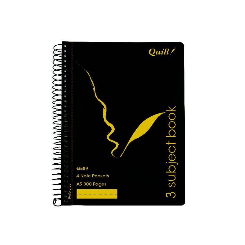 Quill Notebook - A5 3-Subject Ruled Side-Opening Black: 300pg (Single)