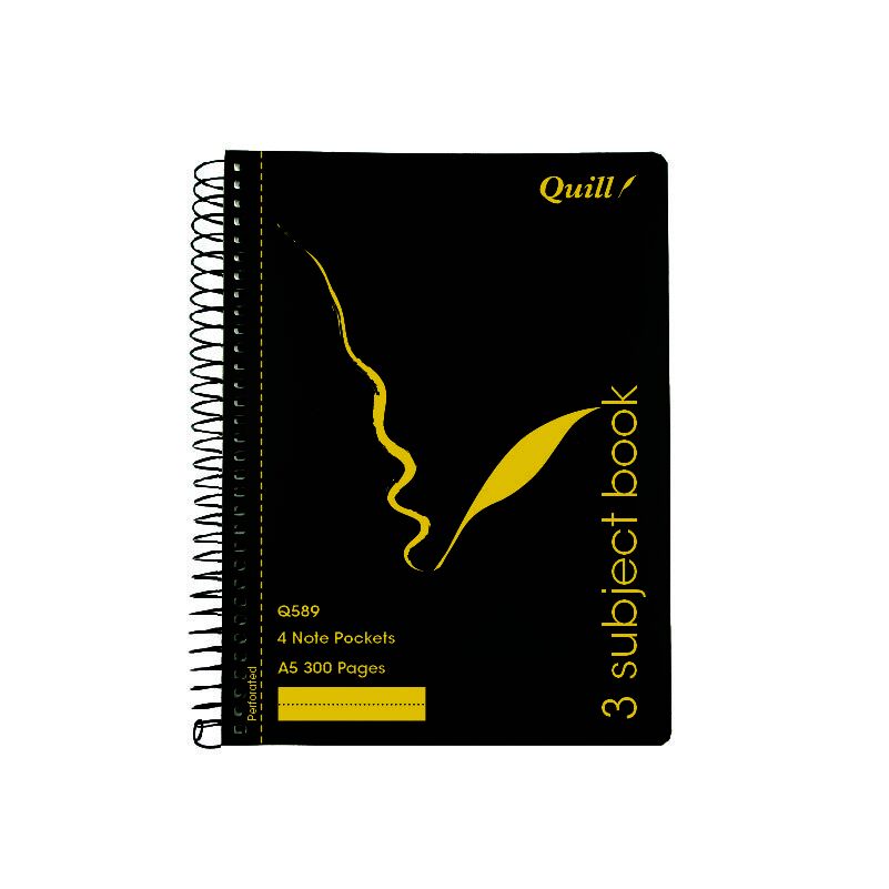 Quill Notebook - A5 3-Subject Ruled Side-Opening Black: 300pg (Pack of 5)