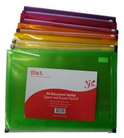 Stat Document Wallet - A4 Polypropylene (PP) With Zip + Gusset: Assorted Colours (Pack of 10)