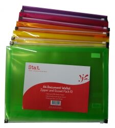 Stat Document Wallet - A4 Polypropylene (PP) With Zip + Gusset: Assorted Colours (Pack of 10)