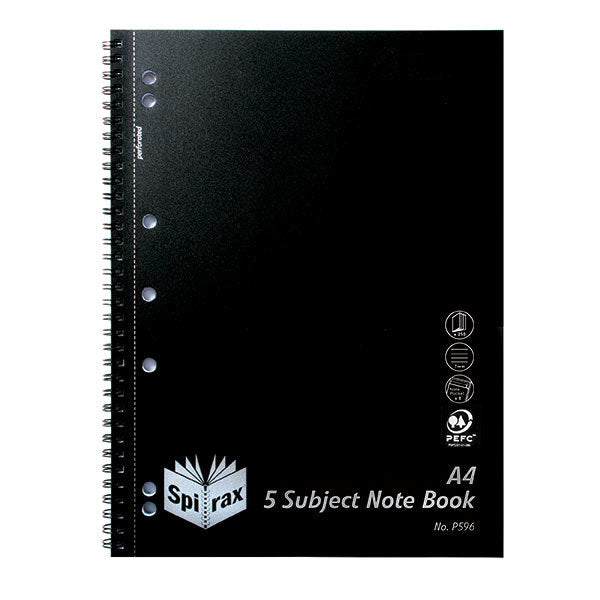 Spirax Notebook P596 - 5 Subject: Polypropylene (Side-Opening) - 250 Pages: Black (Pack of 5)