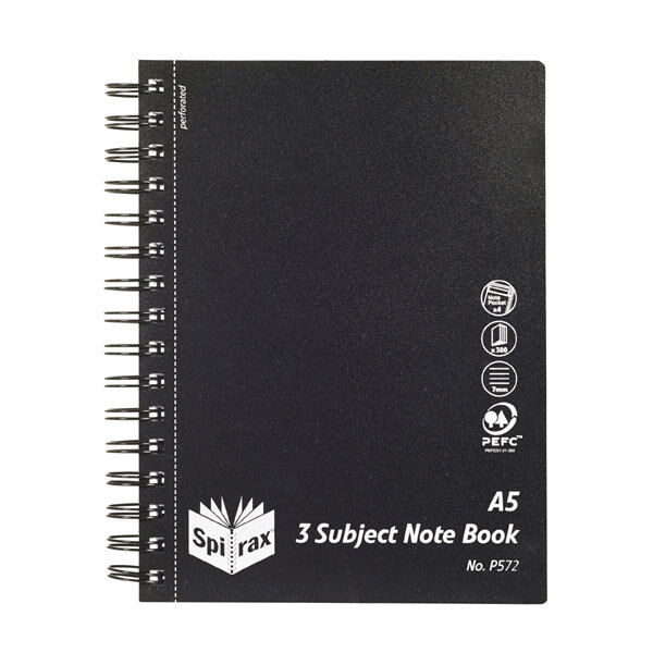 Spirax Notebook P572 - 3 Subject (A5): Polypropylene (Side-Opening) - 300 Pages: Black (Single)