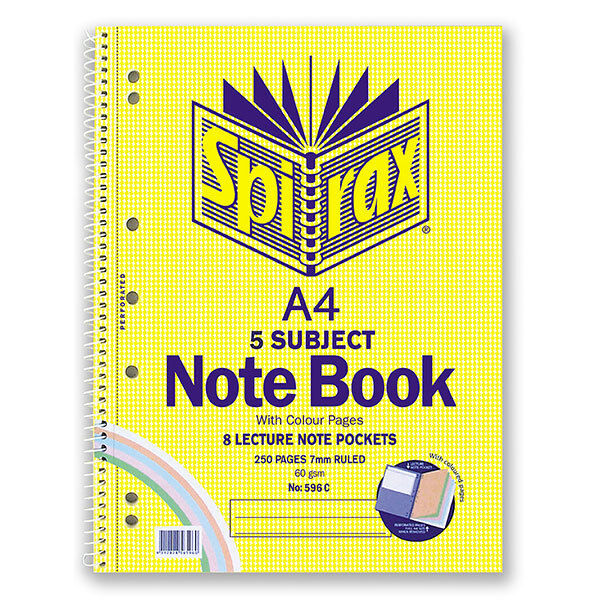 Spirax Notebook 596C - 5 Subject Coloured (A4): Side Opening - 250 Pages (Single)