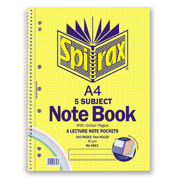 Spirax Notebook 596C - 5 Subject Coloured (A4): Side Opening - 250 Pages (Pack of 5)