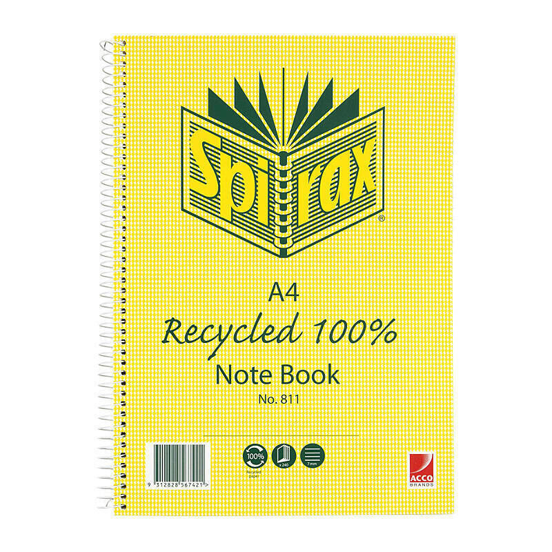 Spirax 811 Recycled Notebook A4 240 Pg Pack of 5