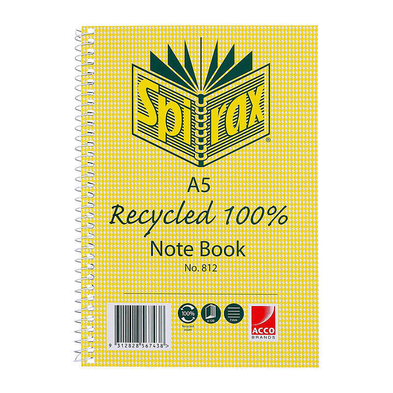 Spirax 812 Recycled Notebook A5 120 Pg Pack of 5