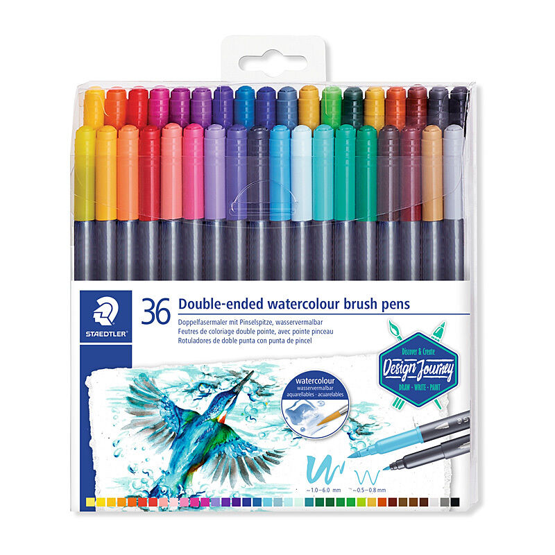 Staedtler MarsGraphic Double-Ended Watercolour Brush Pens - Box of 36 - Assorted Colours
