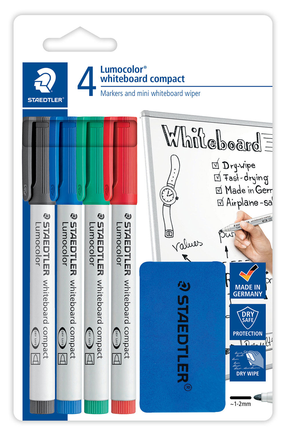 Staedtler Marker - Lumocolor Whiteboard Compact: Bullet-Point Plus Eraser: Assorted Colours (Pack of 4)