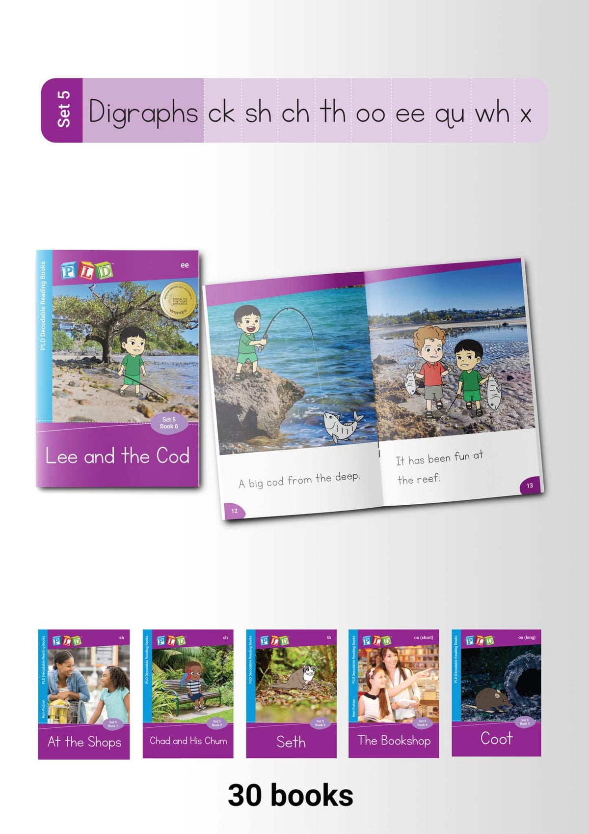 PLD Decodable Reading Books (Set 5 – ck sh ch th oo ee qu wh x)