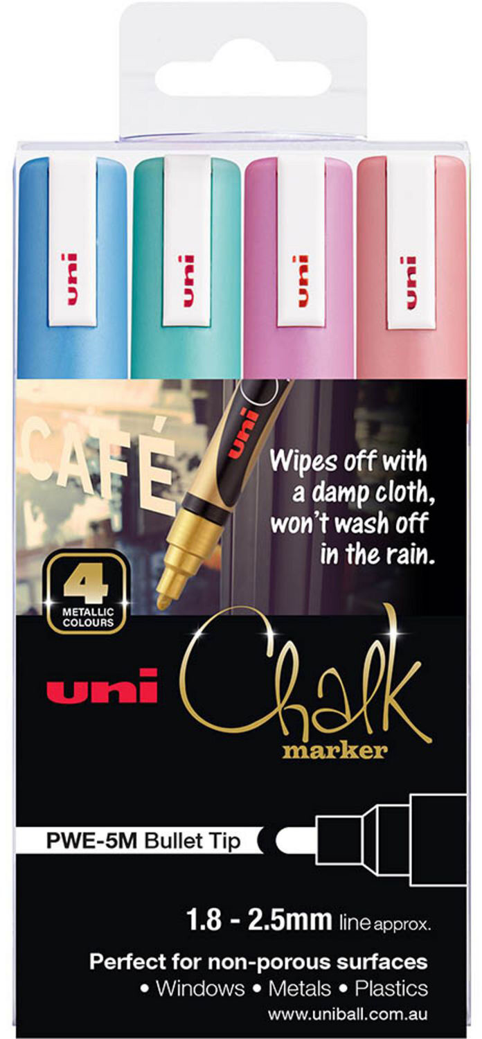 Uni-Ball Chalk Marker Bullet Tip 1.8mm-2.5mm - Metallic Colours (Pack of 4)