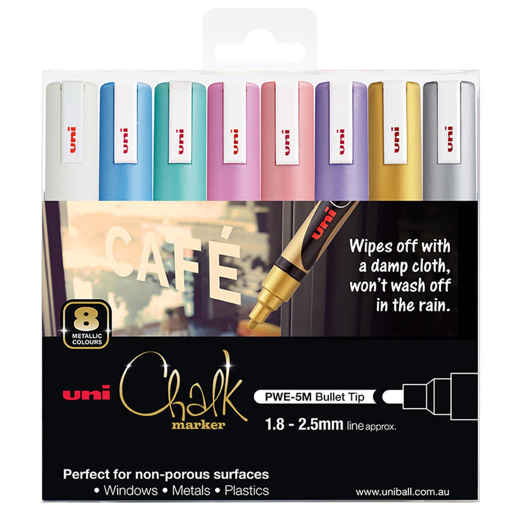 Uni-Ball Chalk Marker Bullet Tip 1.8mm-2.5mm - Metallic Colours (Pack of 8)