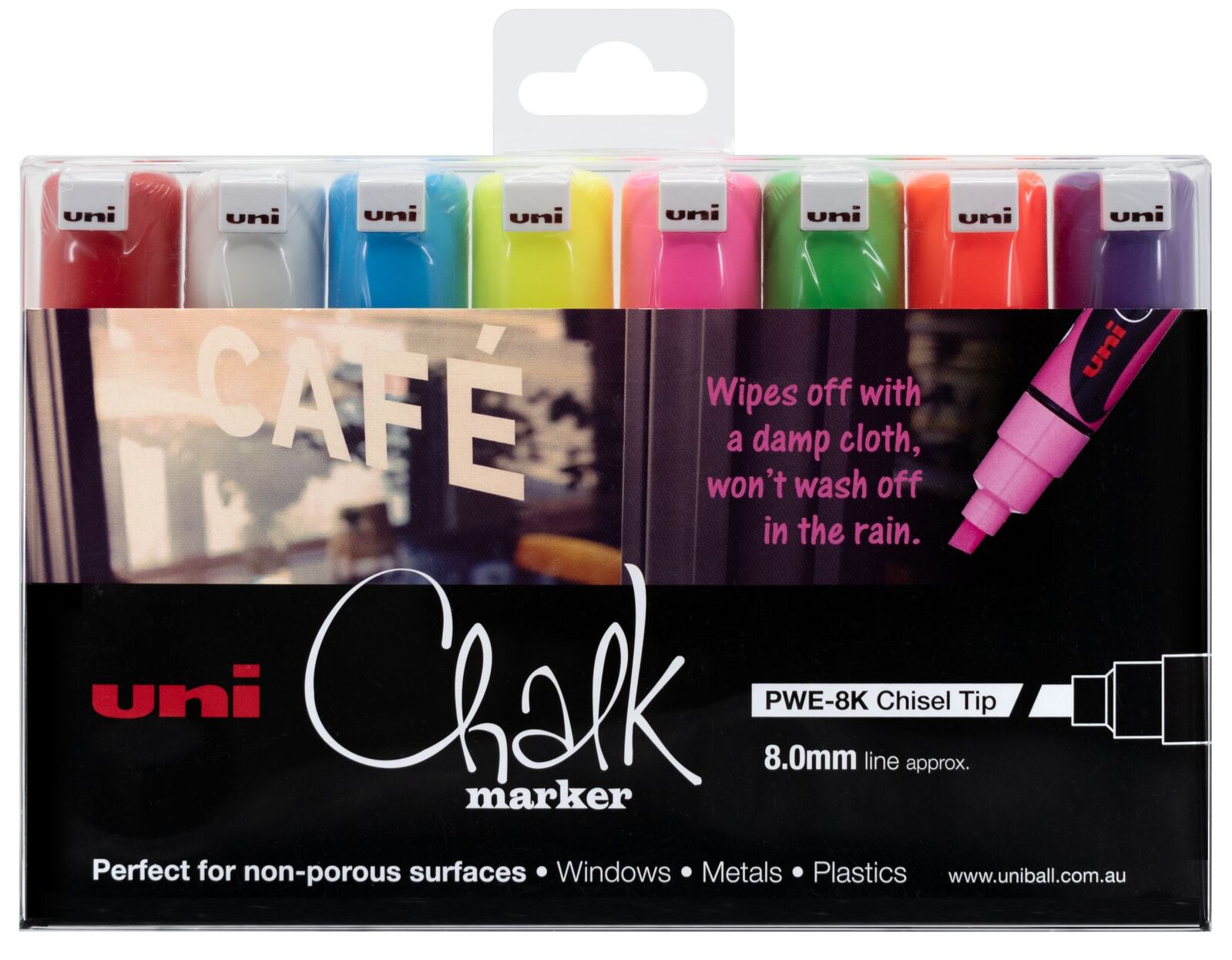 Uni-Ball Chalk Marker Chisel Tip 8mm - Assorted Colours (Pack of 8)