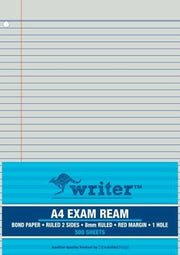Writer Exam Paper - A4 55gsm 8mm Ruled With Margin: 1-Hole Punched (500 Sheet Ream)