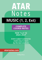 Music Complete Course Notes for NSW Year 12 (2024-2027) by ATAR Notes, featuring a green, purple, and black cover with white text.
