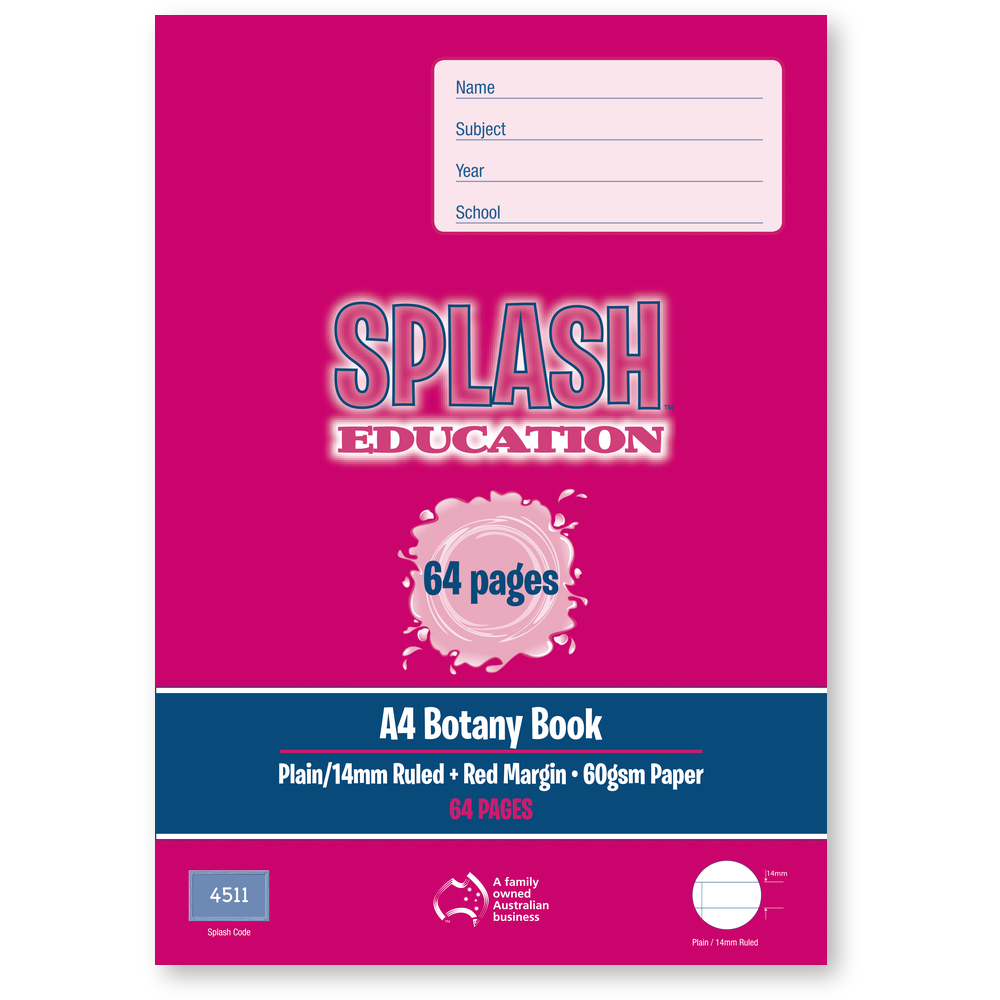 Splash A4 64pg Plain/14mm Ruled Botany Book (Pack of 20)
